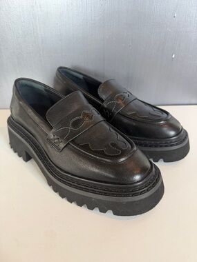 Free People Black Leather Platform Lug Sole Loafers - size 7